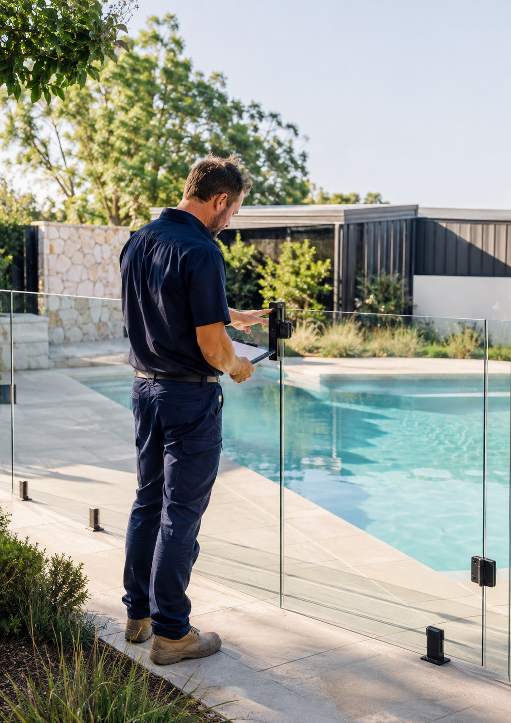 Pool inspector checking a swimming pool safety gate